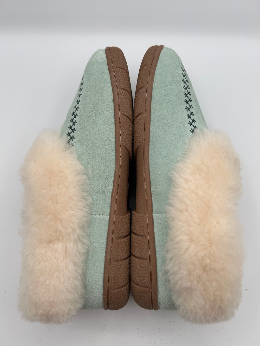 Lands End Mint Green Suede Embroidery Details Moccasin Slip On Shearling Lining - Picture 12 of 14